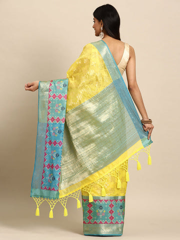 Surat Sari Yellow & Blue Zari Silk Blend Banarasi Saree