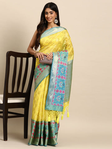 Surat Sari Yellow & Blue Zari Silk Blend Banarasi Saree