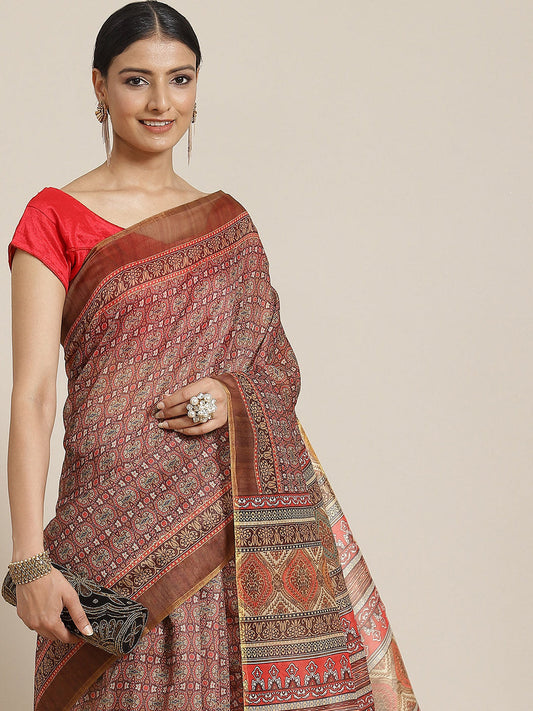 Surat Sari Maroon & Beige Kalamkari Block Print Saree