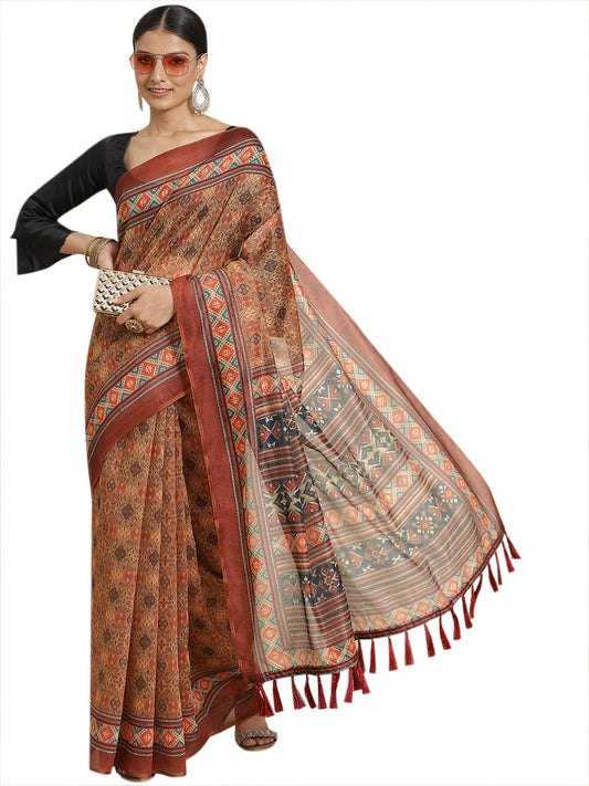 Surat Sari Brown & Maroon Kalamkari Block Print Saree