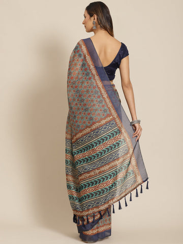 Surat Sari Beige & Navy Blue Kalamkari Saree