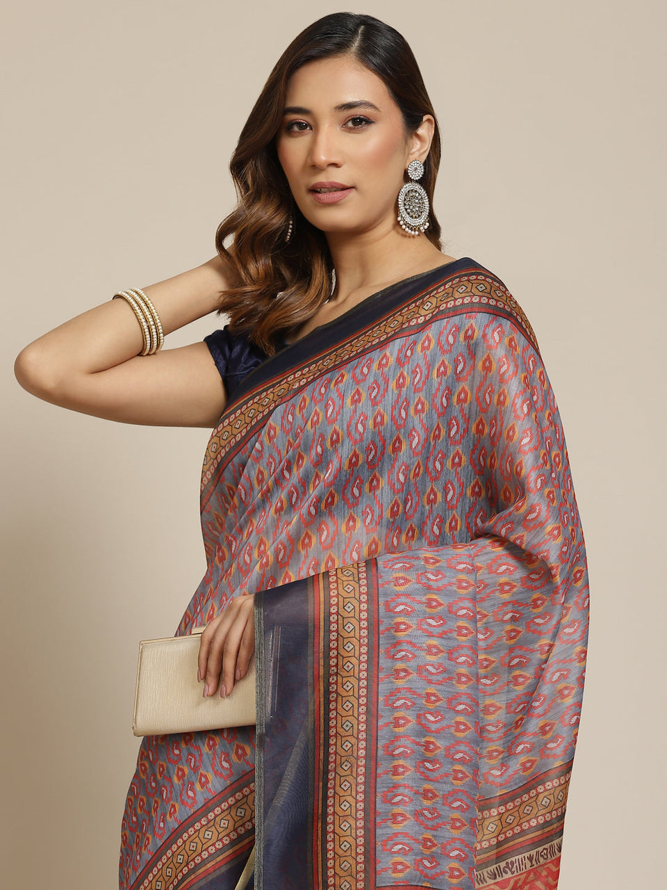 Surat Sari Grey & Red Kalamkari Block Print Saree