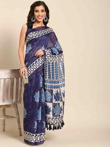 Surat Sari Blue & White Dabu Block Print Indigo Saree