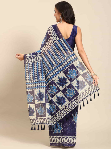 Surat Sari Blue & White Dabu Block Print Indigo Saree