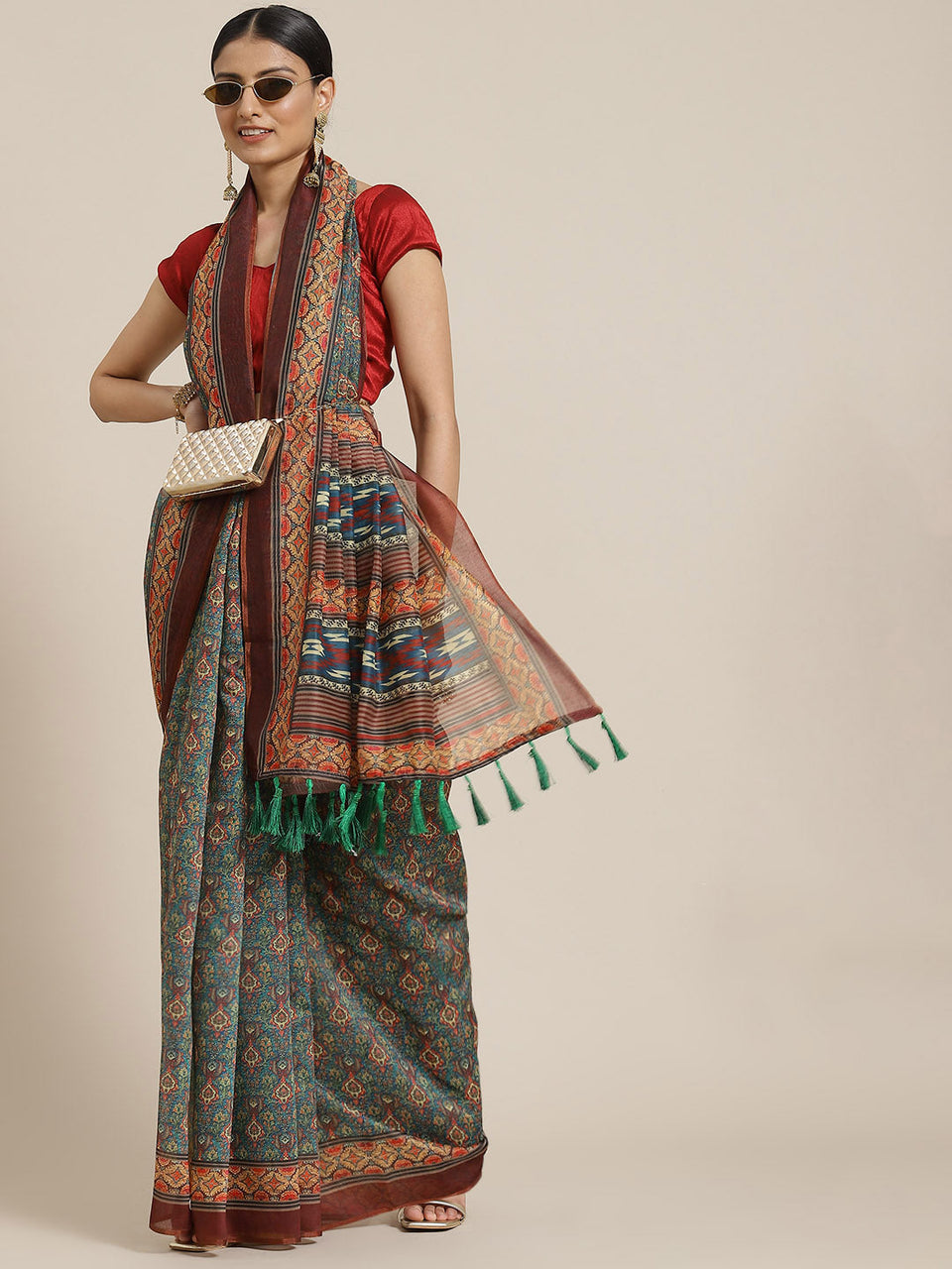 Surat Sari Maroon & Green Kalamkari Block Print Saree