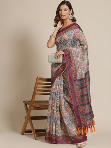 Surat Sari Beige & Purple Ethnic Motifs Saree