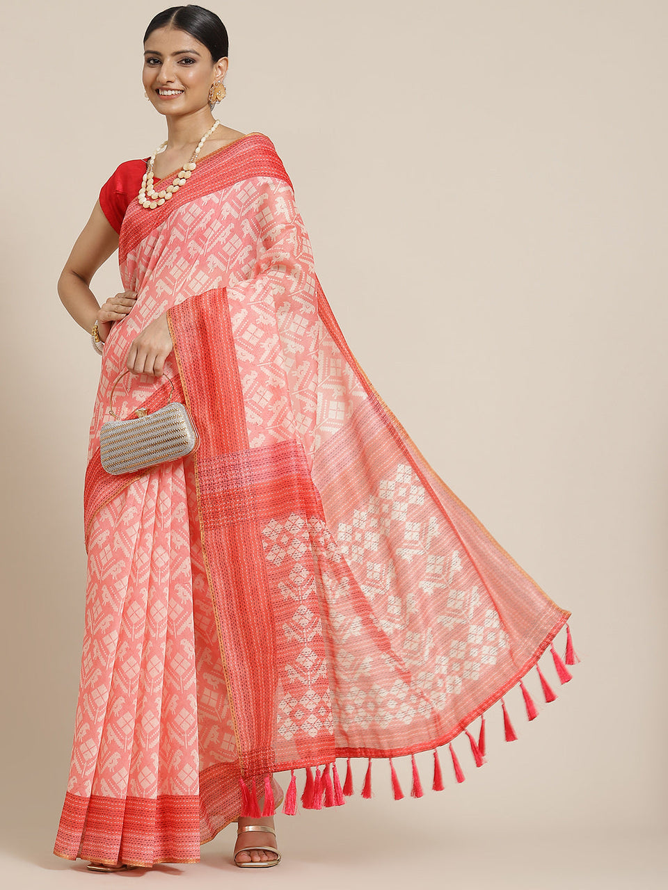 Surat Sari Pink & White Ethnic Motifs Saree