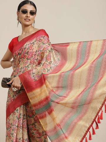 Surat Sari Yellow & Red Kalamkari Printed Saree