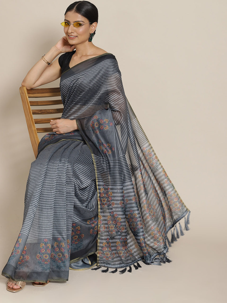 Surat Sari Black & Grey Striped Saree