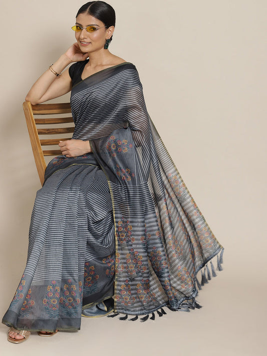 Surat Sari Black & Grey Striped Saree