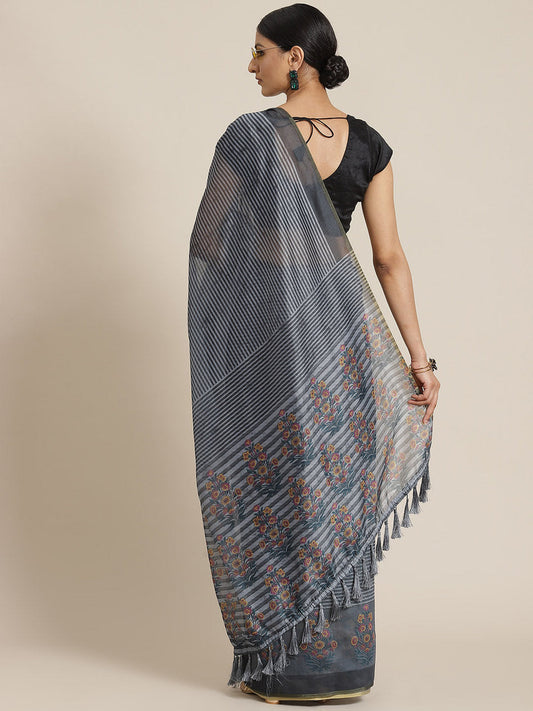 Surat Sari Black & Grey Striped Saree