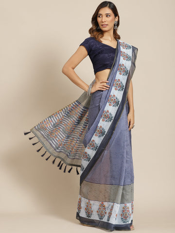 Surat Sari Blue Striped Cotton Saree