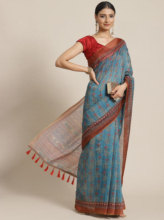 Surat Sari Teal & Red Kalamkari Cotton Saree