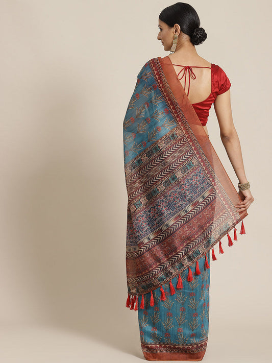 Surat Sari Teal & Red Kalamkari Cotton Saree