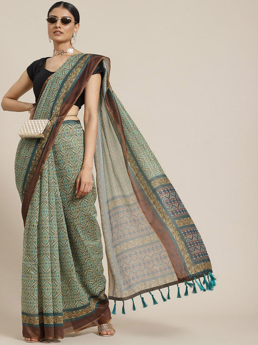 Surat Sari Green & Brown Kalamkari Block Print Saree