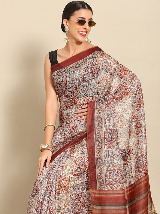 Surat Sari Floral Zari Block Print Saree