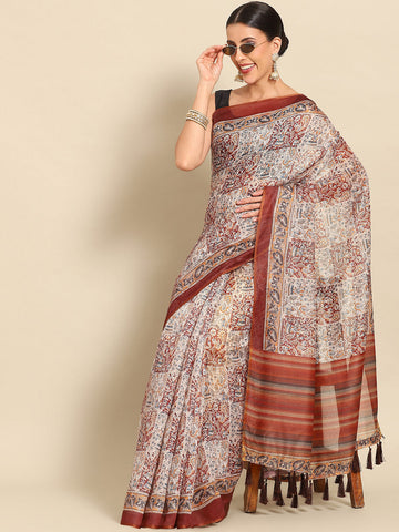 Surat Sari Floral Zari Block Print Saree