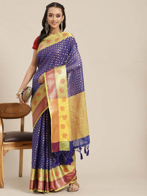 Surat Sari Navy Blue & Yellow Ethnic Motifs Zari Art Silk Kanjeevaram Saree