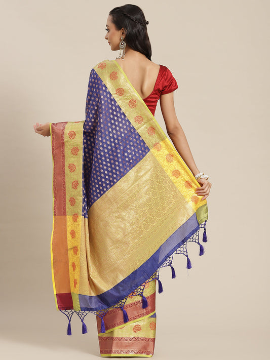 Surat Sari Navy Blue & Yellow Ethnic Motifs Zari Art Silk Kanjeevaram Saree