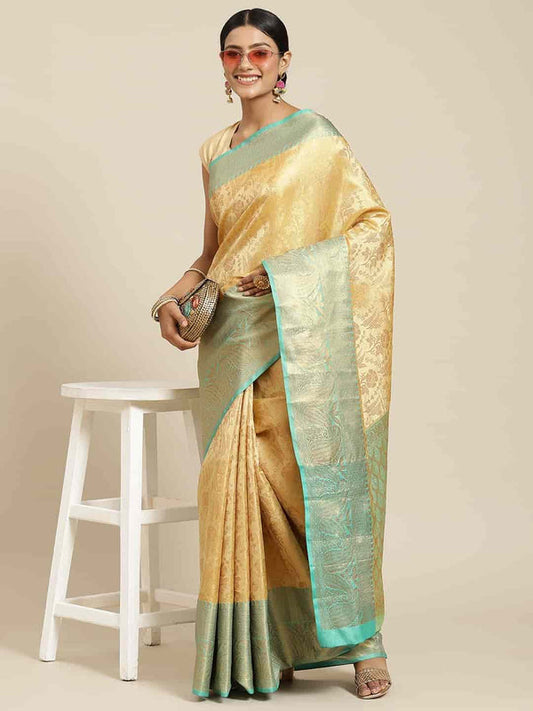 Surat Sari Beige & Teal Ethnic Motifs Zari Kanjeevaram Saree