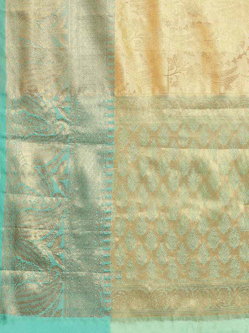 Surat Sari Beige & Teal Ethnic Motifs Zari Kanjeevaram Saree