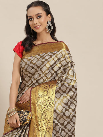 Surat Sari Olive Green & White Ethnic Motifs Zari Brocade Banarasi Saree