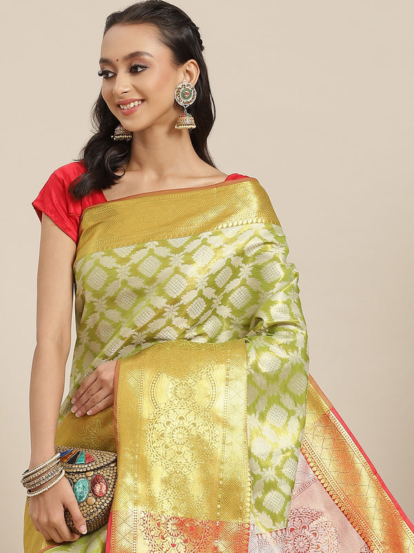 Surat Sari Lime Green & Orange Ethnic Motifs Zari Brocade Banarasi Saree