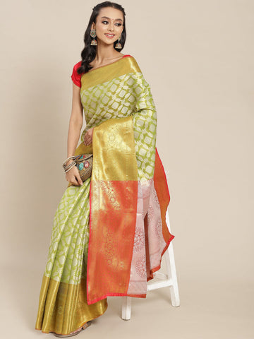 Surat Sari Lime Green & Orange Ethnic Motifs Zari Brocade Banarasi Saree