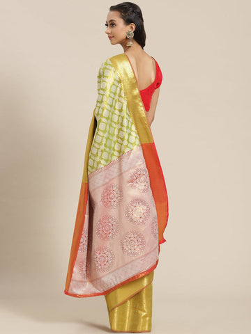 Surat Sari Lime Green & Orange Ethnic Motifs Zari Brocade Banarasi Saree