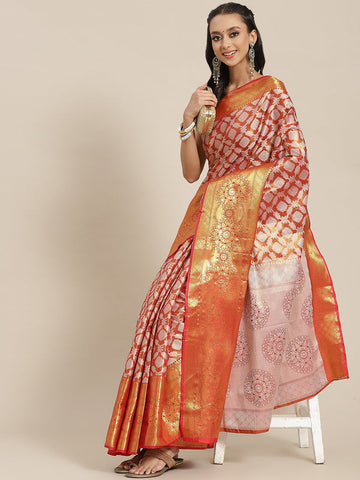 Surat Sari Red & Orange Ethnic Motifs Zari Brocade Banarasi Saree