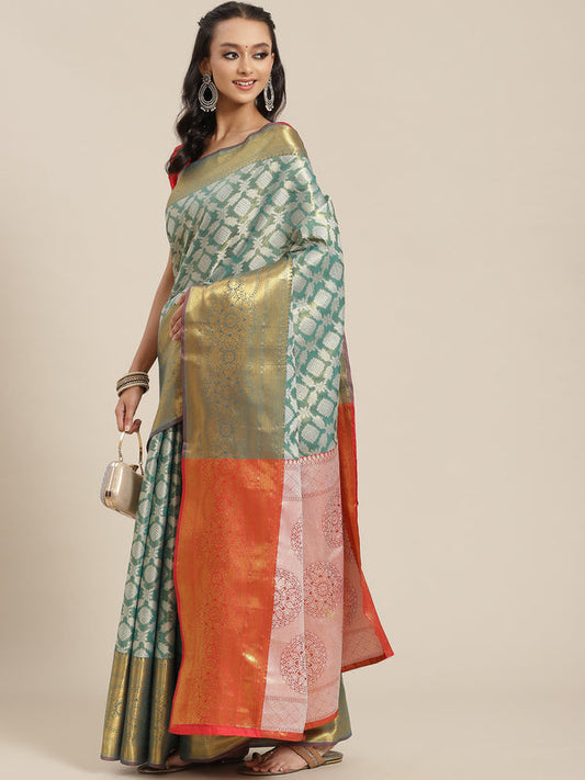 Surat Sari Green & Orange Ethnic Motifs Zari Brocade Banarasi Saree