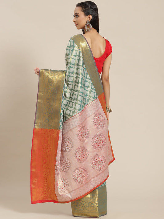 Surat Sari Green & Orange Ethnic Motifs Zari Brocade Banarasi Saree