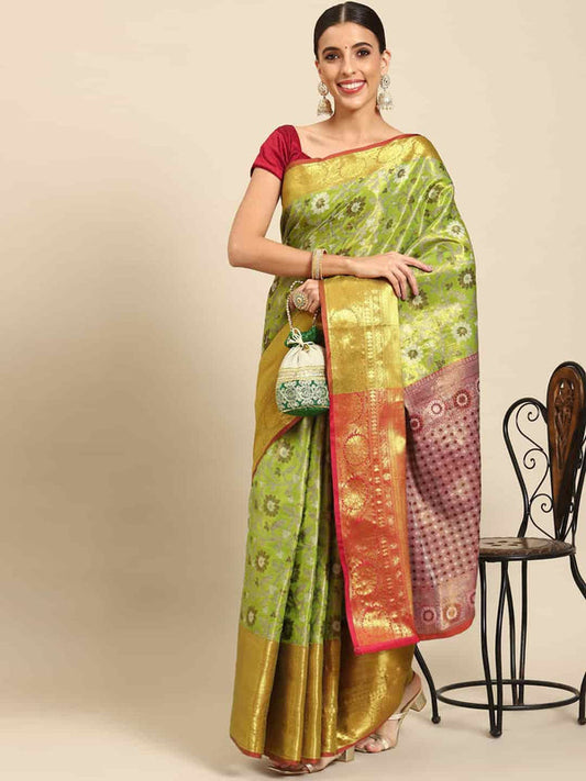 Surat Sari Green & Orange Floral Zari Art Silk Kanjeevaram Saree