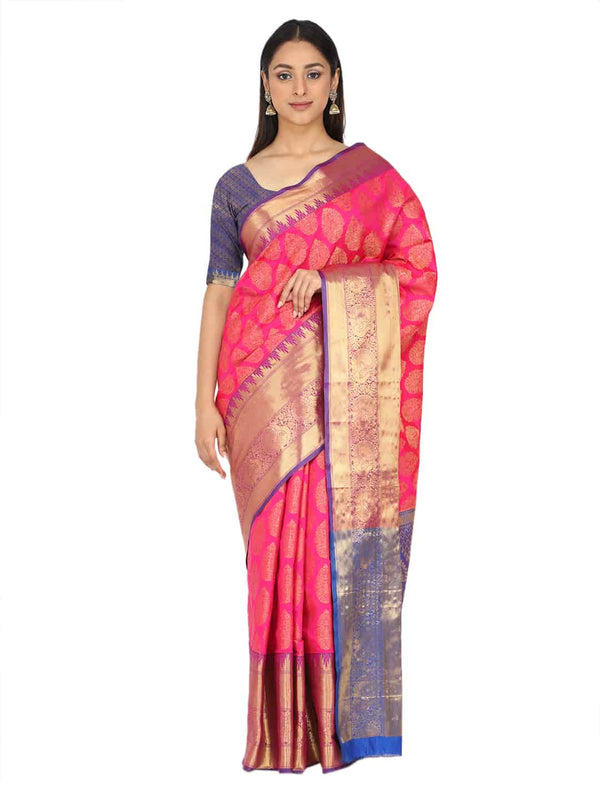 Surat Sari Pink & Golden Ethnic Motifs Zari Banarasi Saree