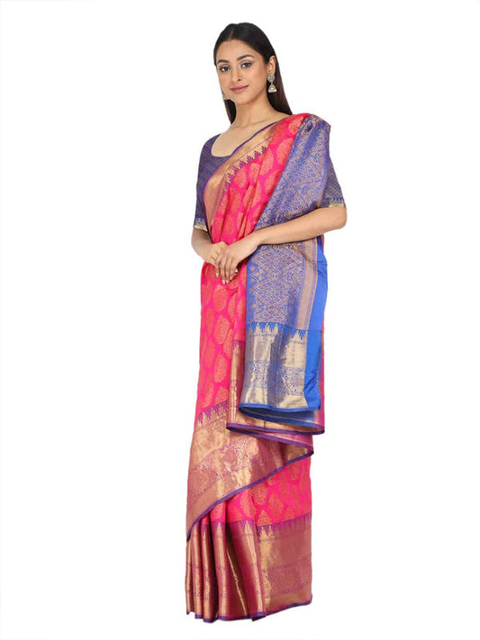 Surat Sari Pink & Golden Ethnic Motifs Zari Banarasi Saree