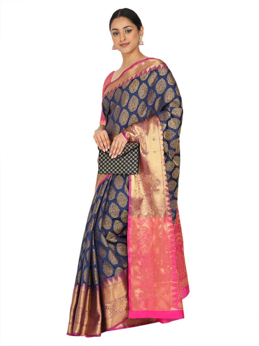 Surat Sari Navy Blue & Golden Ethnic Motifs Zari Banarasi Saree