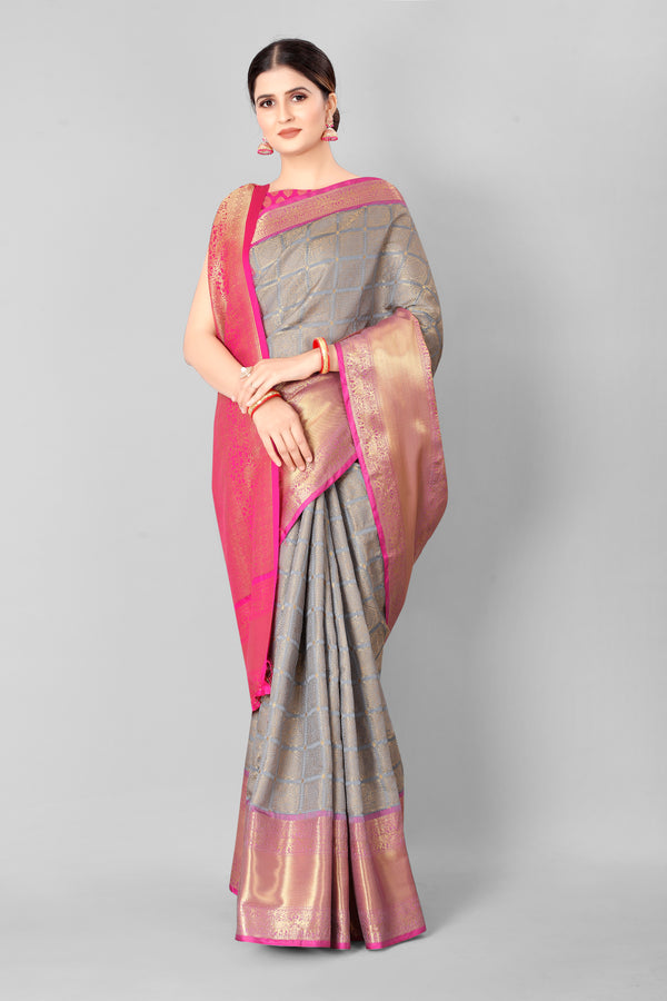 Surat Sari Grey & Pink Zari Silk Blend Banarasi Saree