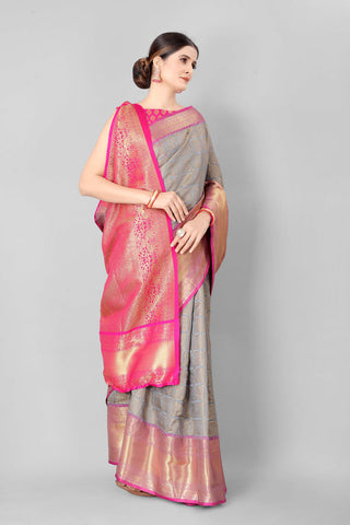 Surat Sari Grey & Pink Zari Silk Blend Banarasi Saree