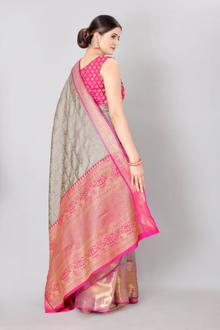 Surat Sari Grey & Pink Zari Silk Blend Banarasi Saree