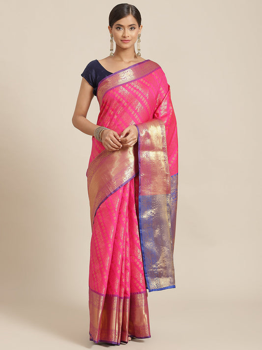 Surat Sari Pink & Blue Ethnic Motifs Zari Silk Blend Banarasi Saree