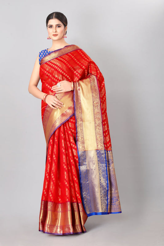 Surat Sari Red & Blue Ethnic Motifs Zari Silk Blend Banarasi Saree