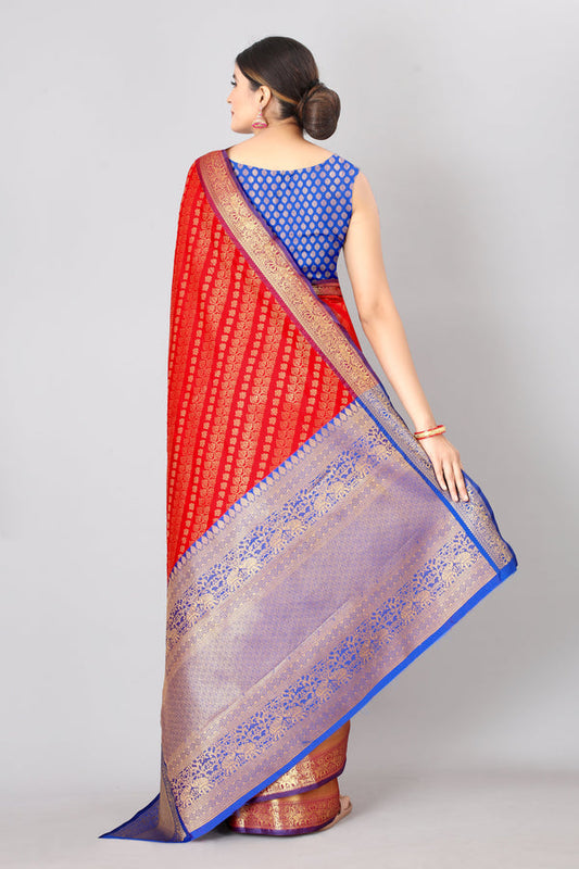 Surat Sari Red & Blue Ethnic Motifs Zari Silk Blend Banarasi Saree