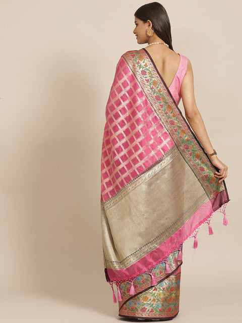 Surat Sari Pink & Golden Checked Woven Design Zari Kanjeevaram Saree