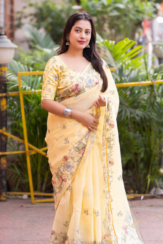 Premium Yellow Linen Saree