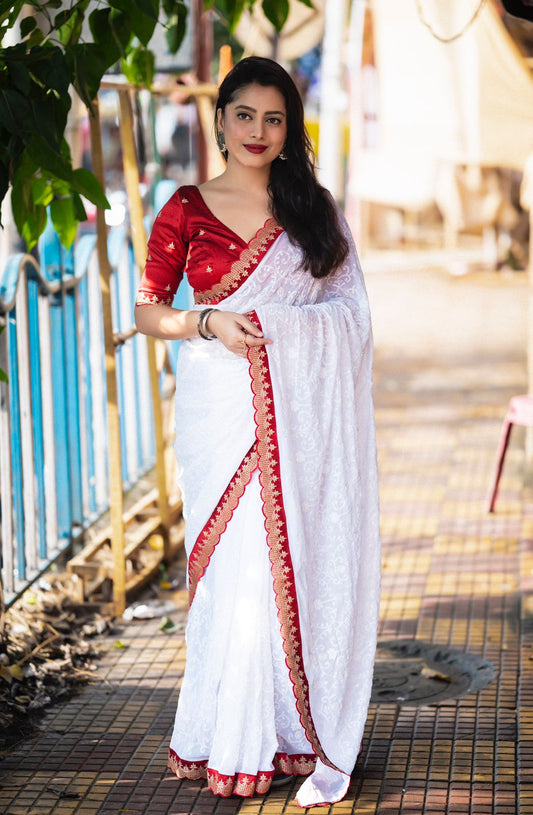 Bengal White Georgette Jaal Embroidery. Saree