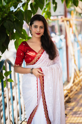 Bengal White Georgette Jaal Embroidery. Saree