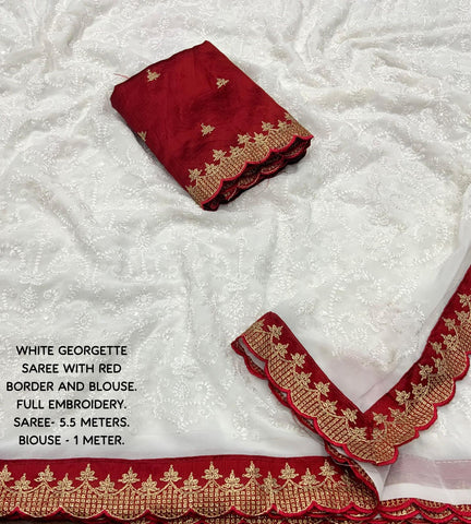 Bengal White Georgette Jaal Embroidery. Saree